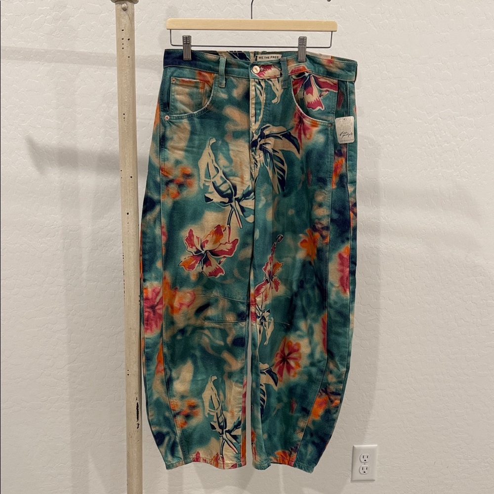 Free People Teal Floral Wide Leg Jeans